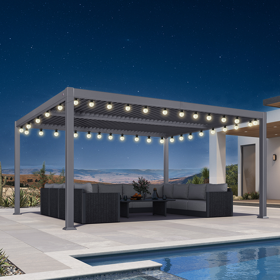 PURPLE LEAF Caesar Louvered Pergola with Milky String Lights Patio Aluminum Pergola with Independent Adjustable Rainproof Roof Hardtop Pergola for Outdoor Deck Garden Yard