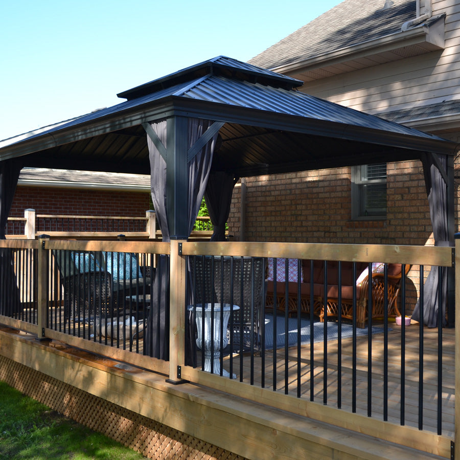 PURPLE LEAF Patio Gazebo for Backyard Grey Hardtop Galvanized Steel Roof Awning with Upgrade Curtain