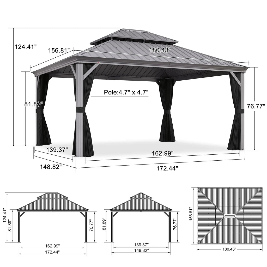 PURPLE LEAF Patio Gazebo for Pool Light Grey Hardtop Galvanized Steel Roof with Upgraded Curtains
