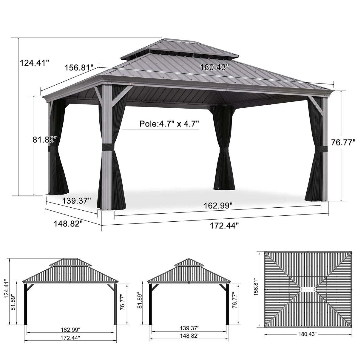 PURPLE LEAF Patio Gazebo for Pool Light Grey Hardtop Galvanized Steel Roof with Upgraded Curtains