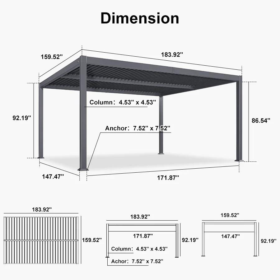 PURPLE LEAF Caesar Solar Louvered Pergola with LED Strip Lights and Control Panel Aluminum Outdoor Pergola with Adjustable Roof for Patio Deck Garden Yard Gray