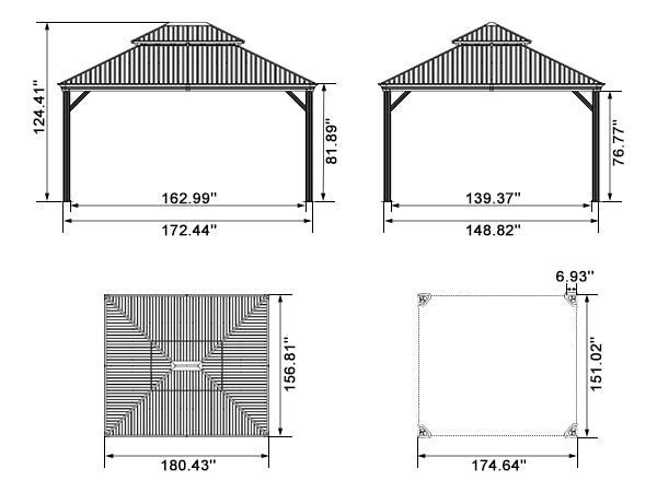 PURPLE LEAF Patio Gazebo for Backyard Grey Hardtop Galvanized Steel Roof Awning with Reinforcement Support Rod