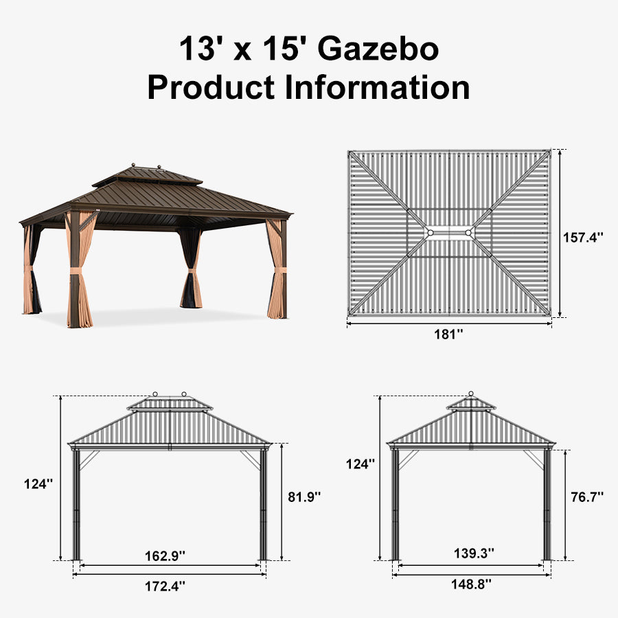 PURPLE LEAF Outdoor Hardtop Gazebo for Garden Bronze Double Roof Aluminum Frame Pavilion with Reinforcement Support Rod