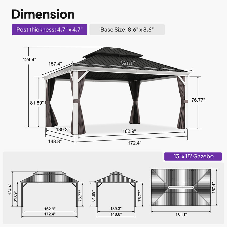 PURPLE LEAF White Gazebo for Modern Patio Double Galvanized Steel Roof Awning and Upgrade Curtain with Lights-milky