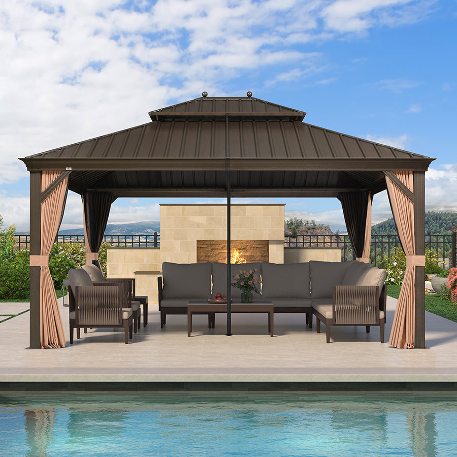 PURPLE LEAF Outdoor Hardtop Gazebo for Garden Bronze Double Roof Aluminum Frame Pavilion with Reinforcement Support Rod