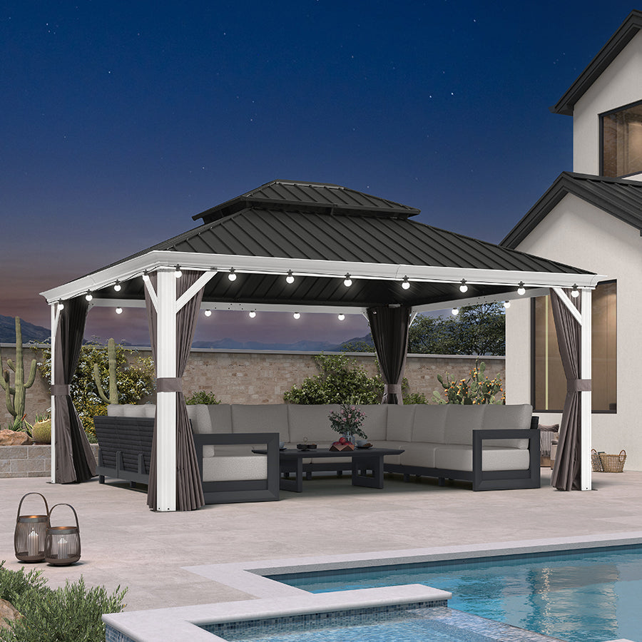 PURPLE LEAF White Gazebo for Modern Patio Double Galvanized Steel Roof Awning and Upgrade Curtain with Lights-milky