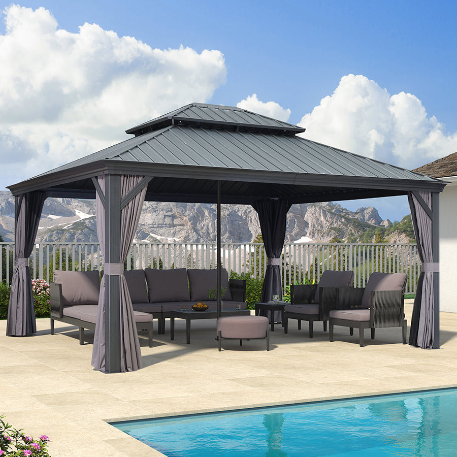 PURPLE LEAF Patio Gazebo for Backyard Grey Hardtop Galvanized Steel Roof Awning with Reinforcement Support Rod