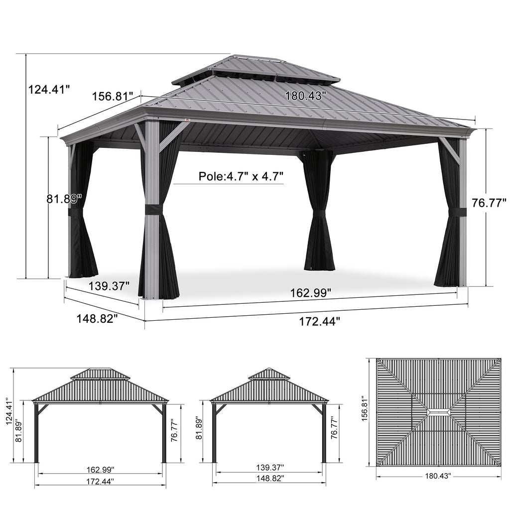 PURPLE LEAF Patio Gazebo for Pool Light Grey Hardtop Galvanized Steel Roof with Reinforcement Support Rod