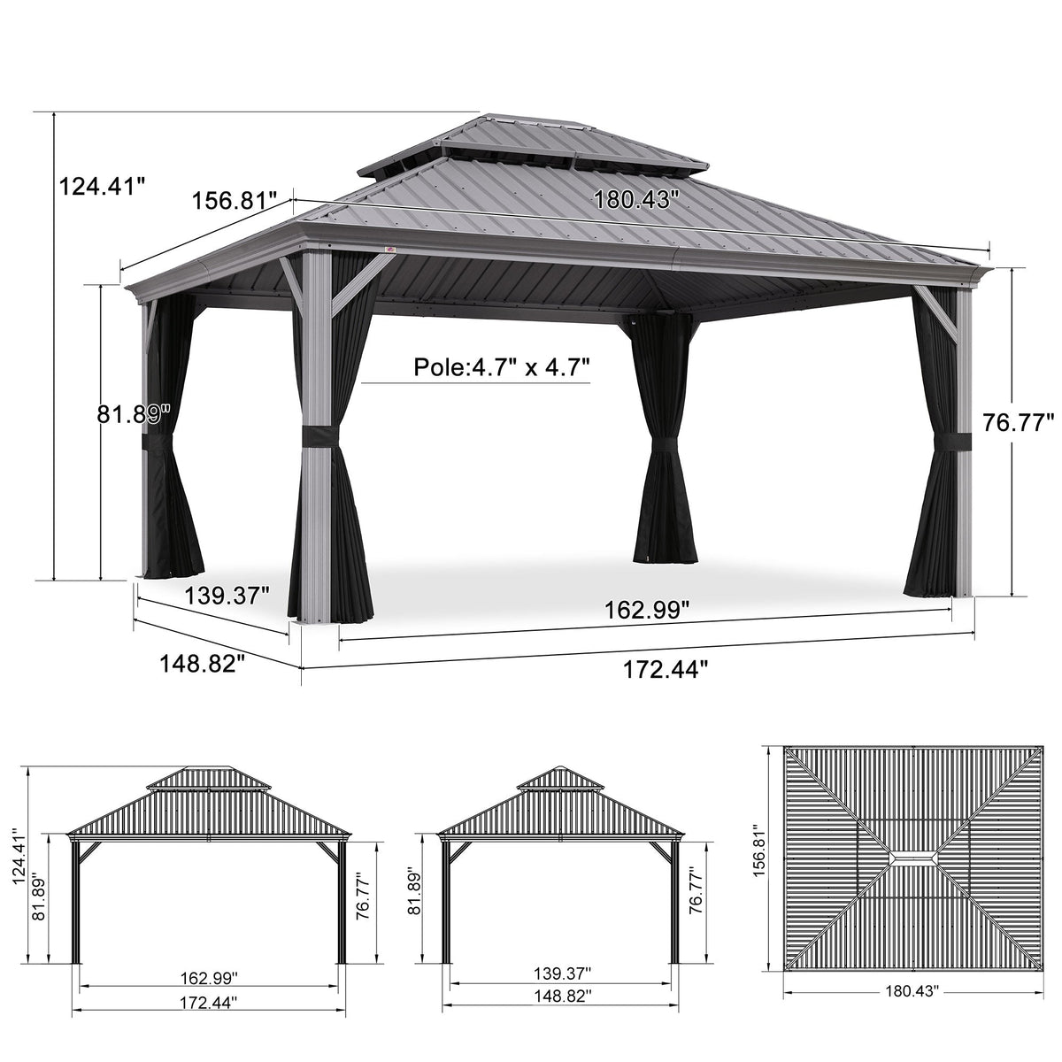 PURPLE LEAF Patio Gazebo for Pool Light Grey Hardtop Galvanized Steel Roof with Reinforcement Support Rod