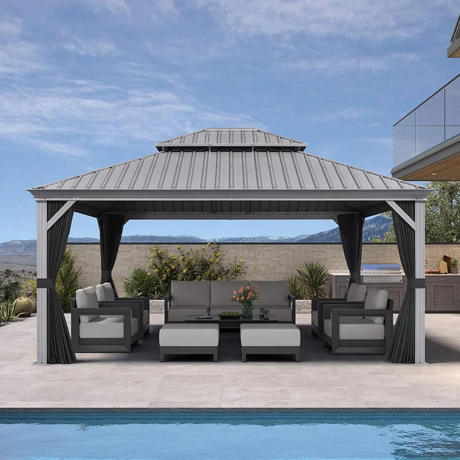 PURPLE LEAF Patio Gazebo for Pool Light Grey Hardtop Galvanized Steel Roof with String Lights-clear