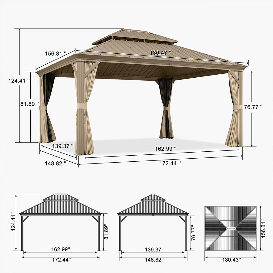 PURPLE LEAF Backyard Gazebo Champagne Hardtop Galvanized Steel Roof Awning and Upgrade Curtain with Lights-milky