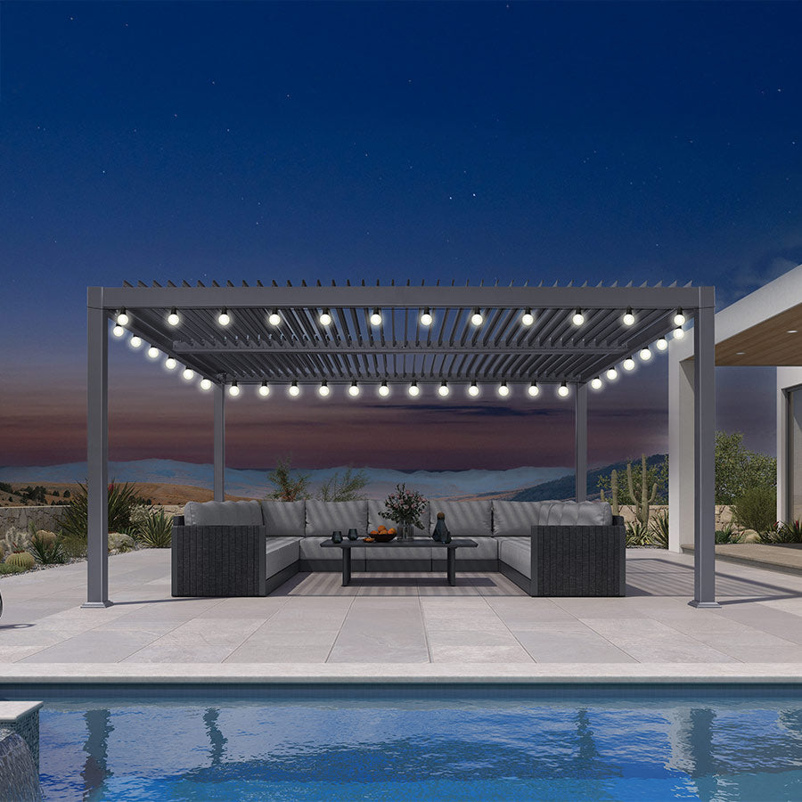 PURPLE LEAF Caesar Louvered Pergola with Milky String Lights Patio Aluminum Pergola with Independent Adjustable Rainproof Roof Hardtop Pergola for Outdoor Deck Garden Yard