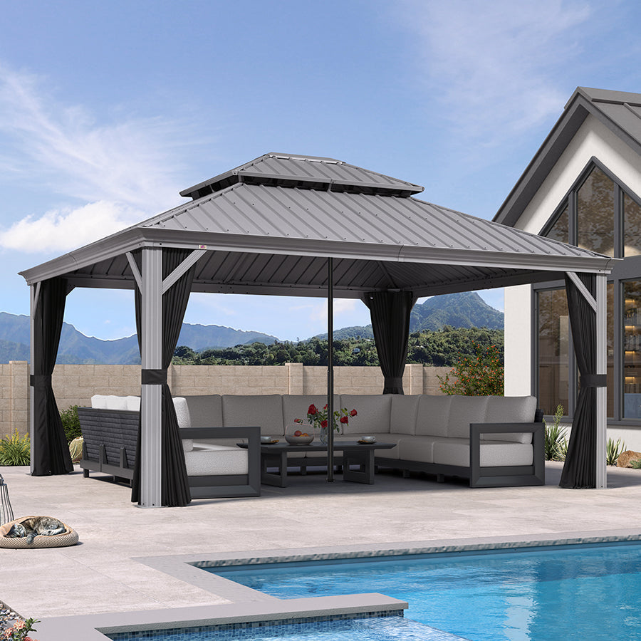 PURPLE LEAF Patio Gazebo for Pool Light Grey Hardtop Galvanized Steel Roof with Reinforcement Support Rod