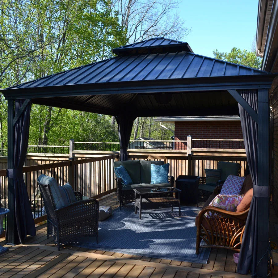 PURPLE LEAF Patio Gazebo for Backyard Grey Hardtop Galvanized Steel Roof Awning with Upgrade Curtain