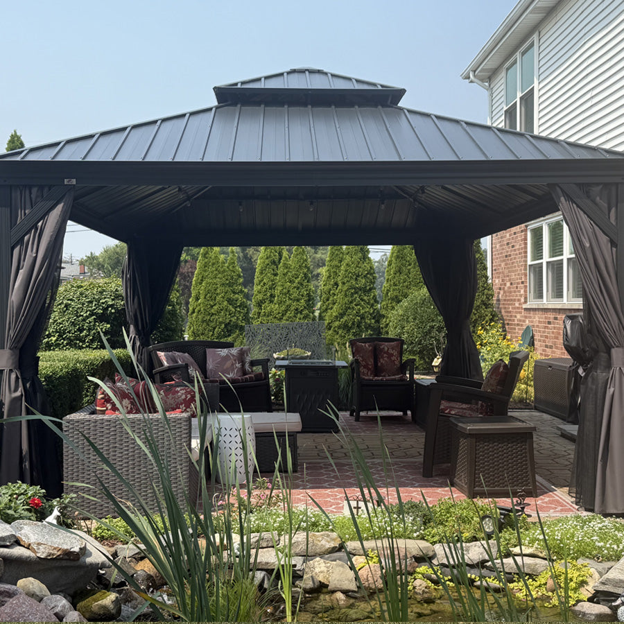 PURPLE LEAF Patio Gazebo for Backyard Grey Hardtop Galvanized Steel Roof Awning String Lights-milky