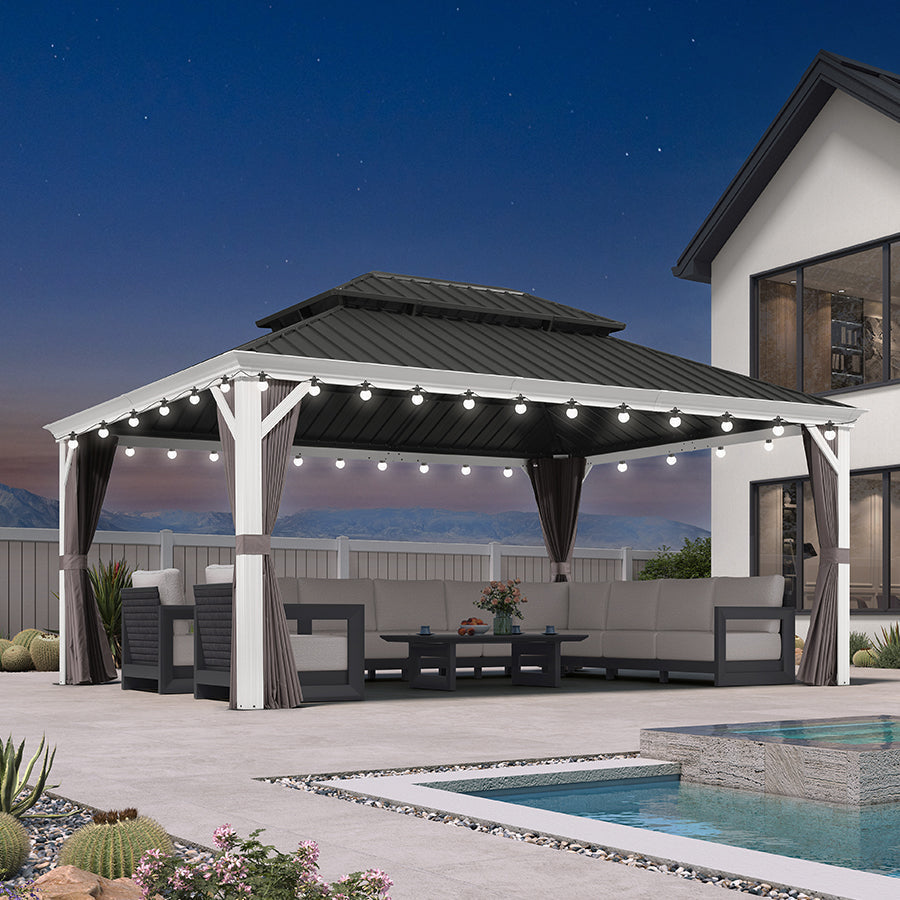 PURPLE LEAF White Gazebo for Modern Patio Double Galvanized Steel Roof Awning and Upgrade Curtain with Lights-milky