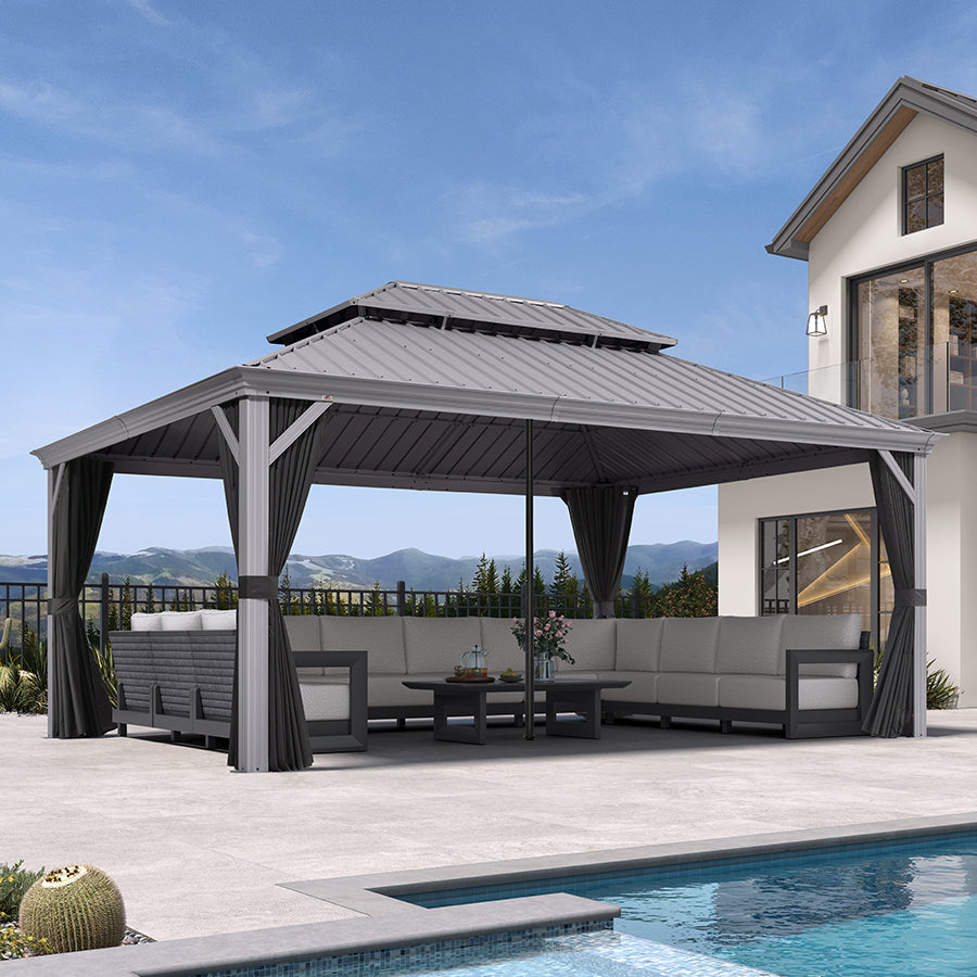 PURPLE LEAF Patio Gazebo for Pool Light Grey Hardtop Galvanized Steel Roof with Reinforcement Support Rod