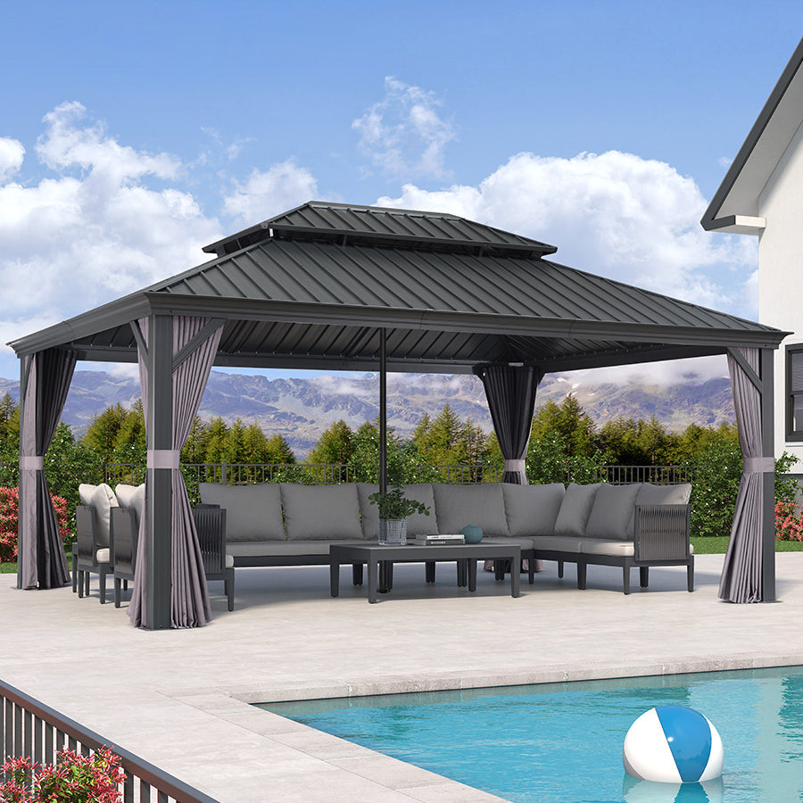 PURPLE LEAF Patio Gazebo for Backyard Grey Hardtop Galvanized Steel Roof Awning with Reinforcement Support Rod