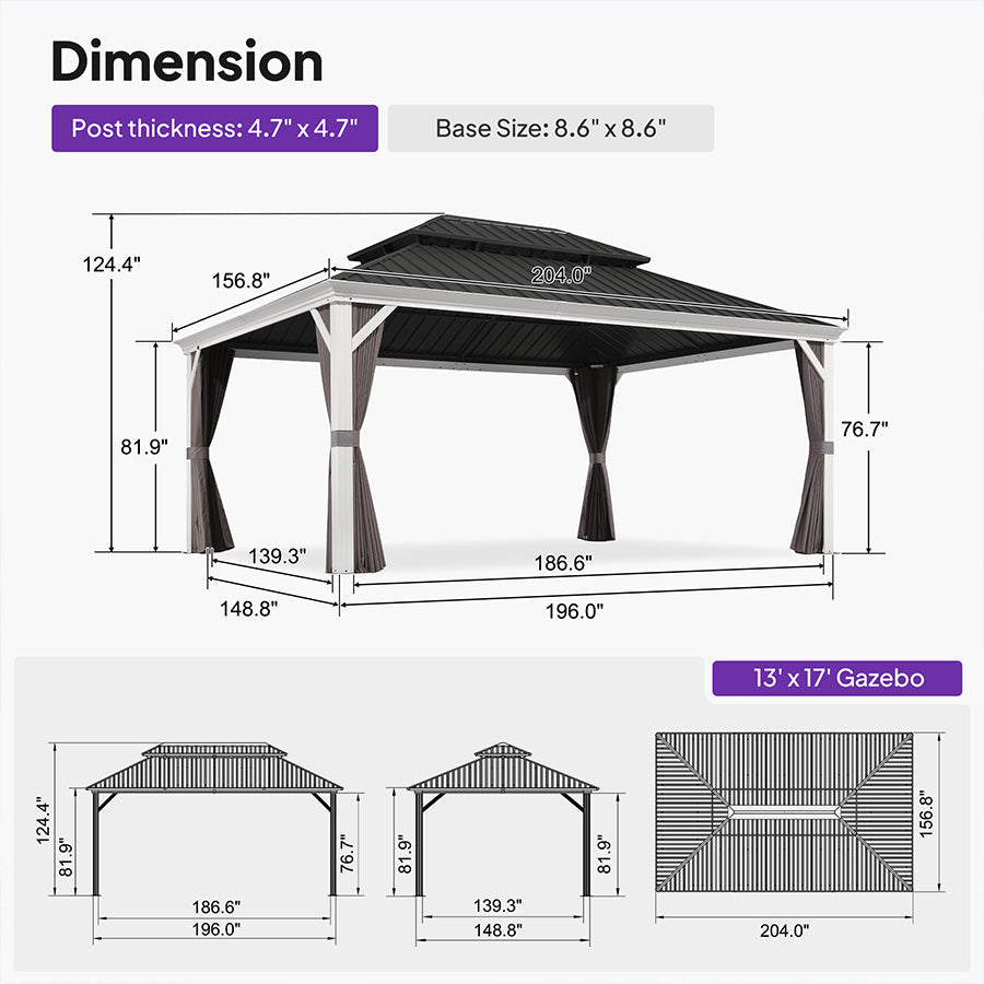 PURPLE LEAF White Gazebo for Modern Patio Double Galvanized Steel Roof Awning and Upgrade Curtain with Lights-clear