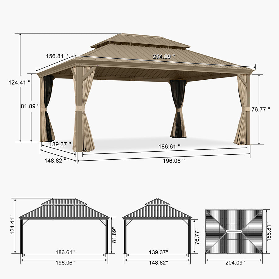PURPLE LEAF Backyard Gazebo Champagne Hardtop Galvanized Steel Roof Awning and Upgrade Curtain with Lights-milky
