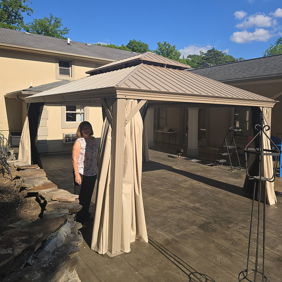 PURPLE LEAF Backyard Gazebo Champagne Hardtop Galvanized Steel Roof Awning and Upgrade Curtain with Lights-clear