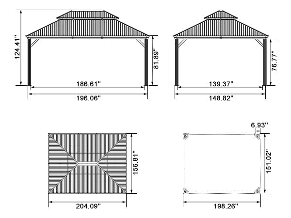 PURPLE LEAF Patio Gazebo for Backyard Grey Hardtop Galvanized Steel Roof Awning with Reinforcement Support Rod