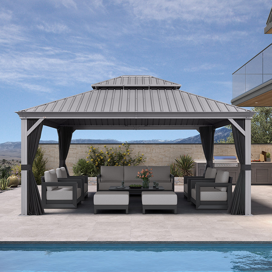 PURPLE LEAF Patio Gazebo for Pool Light Grey Hardtop Galvanized Steel Roof with String Lights-clear