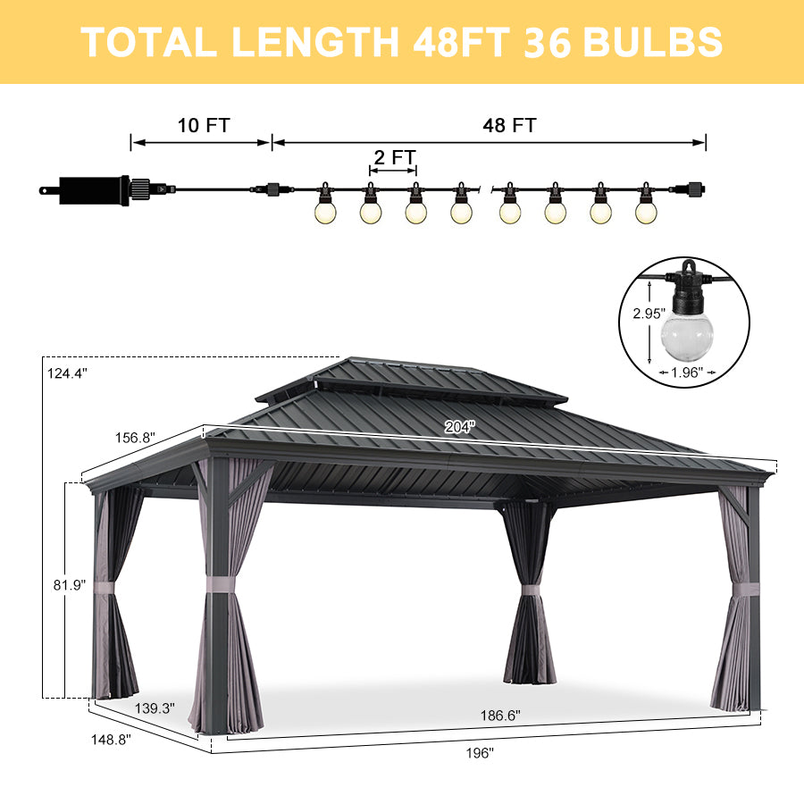 PURPLE LEAF Patio Gazebo for Backyard Grey Hardtop Galvanized Steel Roof Awning with String Lights-clear