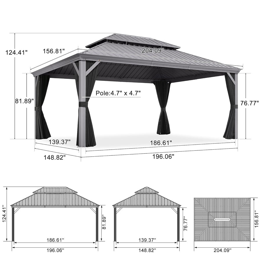 PURPLE LEAF Patio Gazebo for Pool Light Grey Hardtop Galvanized Steel Roof with Reinforcement Support Rod