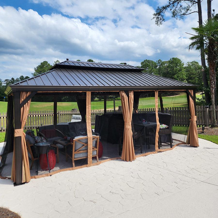 PURPLE LEAF Outdoor Hardtop Gazebo for Garden Bronze Double Roof Aluminum Frame Pavilion with String Lights-clear