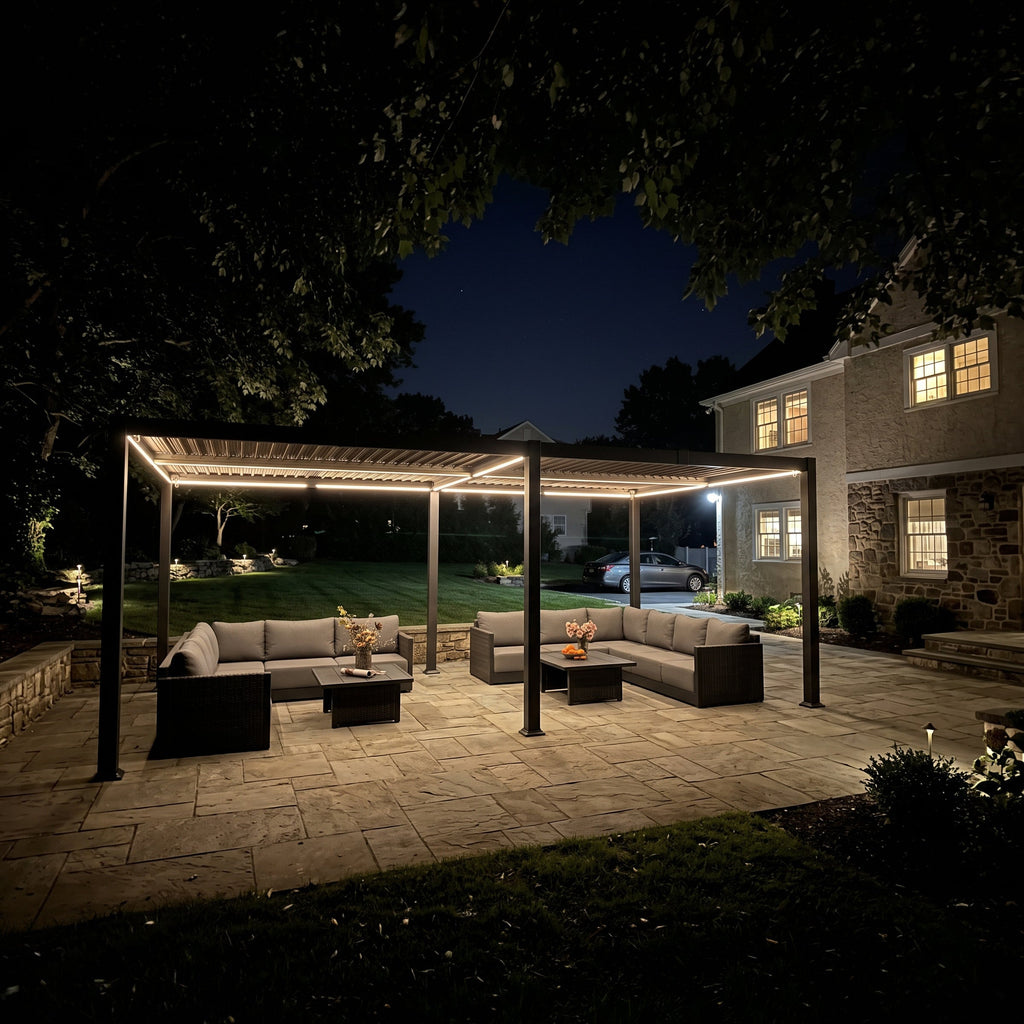 PURPLE LEAF Caesar Solar Louvered Pergola with LED Strip Lights and Control Panel Aluminum Outdoor Pergola with Adjustable Roof for Patio Deck Garden Yard Gray