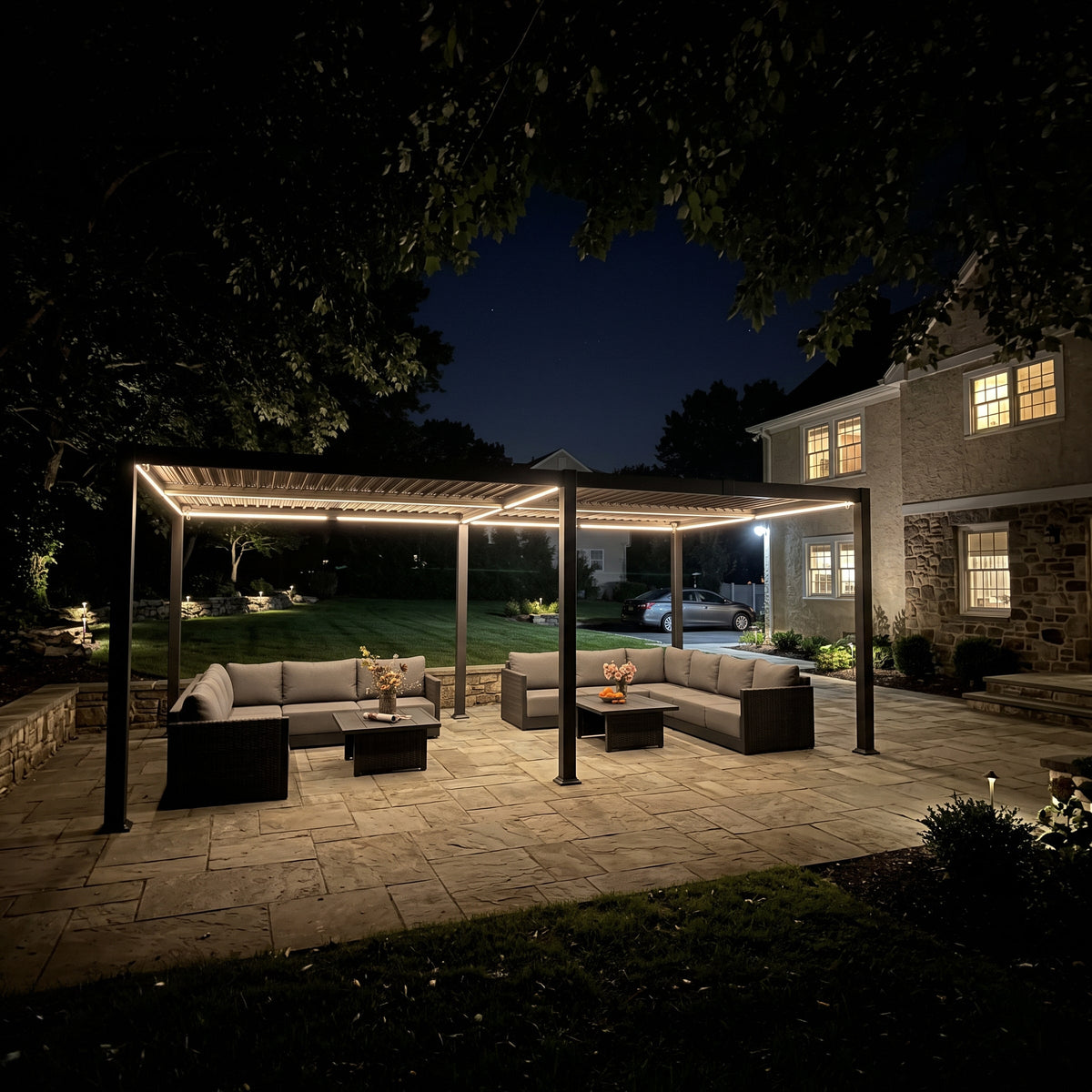 PURPLE LEAF Caesar Solar Louvered Pergola with LED Strip Lights and Control Panel Aluminum Outdoor Pergola with Adjustable Roof for Patio Deck Garden Yard Gray