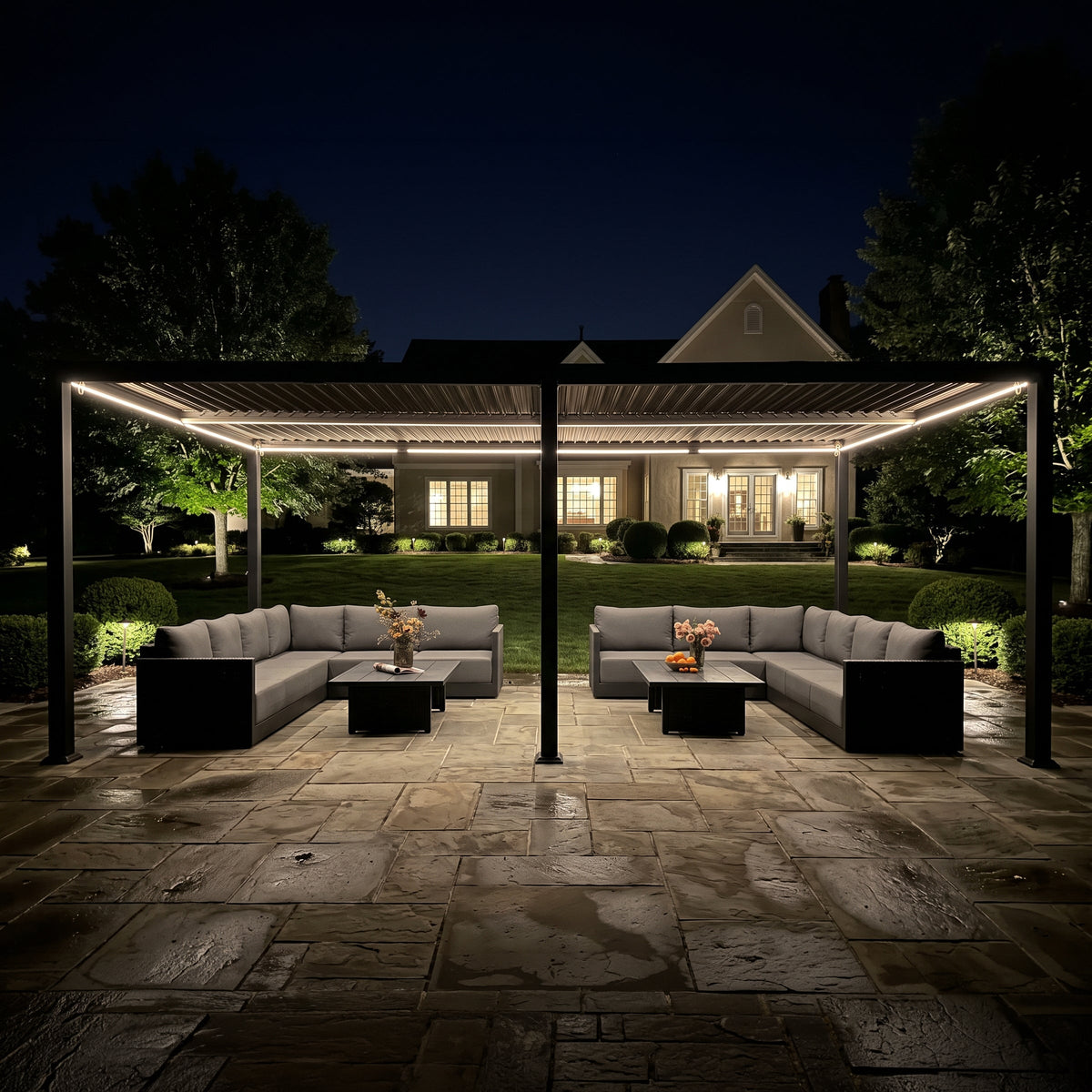 PURPLE LEAF Caesar Solar Louvered Pergola with LED Strip Lights and Control Panel Aluminum Outdoor Pergola with Adjustable Roof for Patio Deck Garden Yard Gray