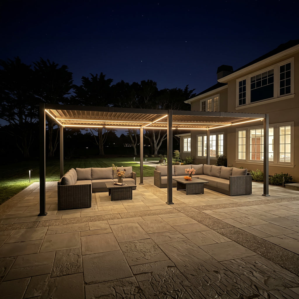 PURPLE LEAF Caesar Solar Louvered Pergola with LED Strip Lights and Control Panel Aluminum Outdoor Pergola with Adjustable Roof for Patio Deck Garden Yard Gray