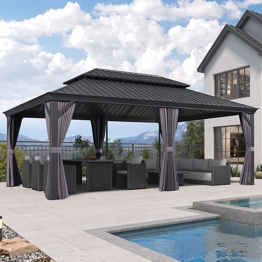 PURPLE LEAF Patio Gazebo for Backyard Grey Hardtop Galvanized Steel Roof Awning with Reinforcement Support Rod