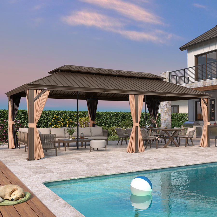 PURPLE LEAF Outdoor Hardtop Gazebo for Garden Bronze Double Roof Aluminum Frame Pavilion with Reinforcement Support Rod