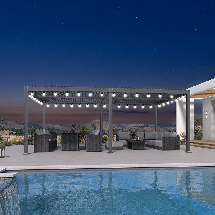 PURPLE LEAF Caesar Louvered Pergola with Milky String Lights Patio Aluminum Pergola with Independent Adjustable Rainproof Roof Hardtop Pergola for Outdoor Deck Garden Yard