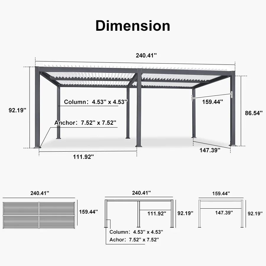 PURPLE LEAF Caesar Outdoor Louvered Pergola Patio Sun Shade Shelter with Adjustable Hardtop Patio Pergola Gray Frame White Roof