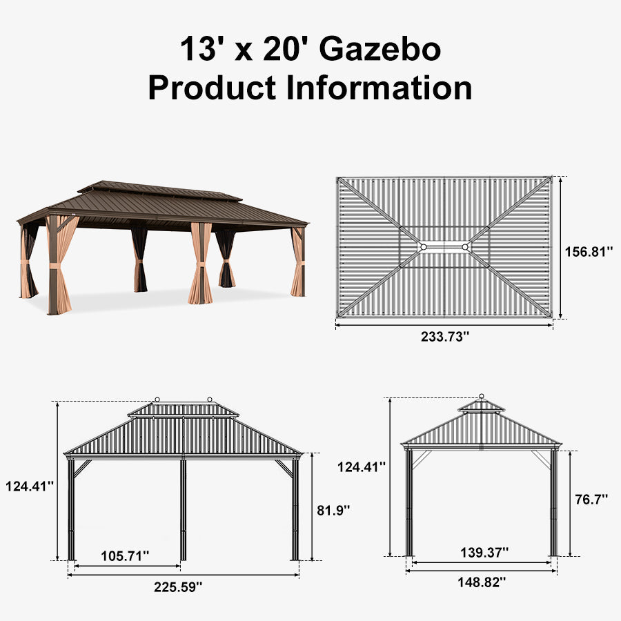 PURPLE LEAF Outdoor Hardtop Gazebo for Garden Bronze Double Roof Aluminum Frame Pavilion with String Lights-milky