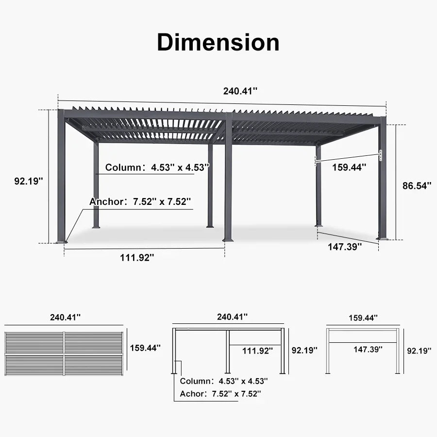 PURPLE LEAF Caesar Outdoor Louvered Pergola Patio Sun Shade Shelter with Adjustable Hardtop Patio Pergola Grey