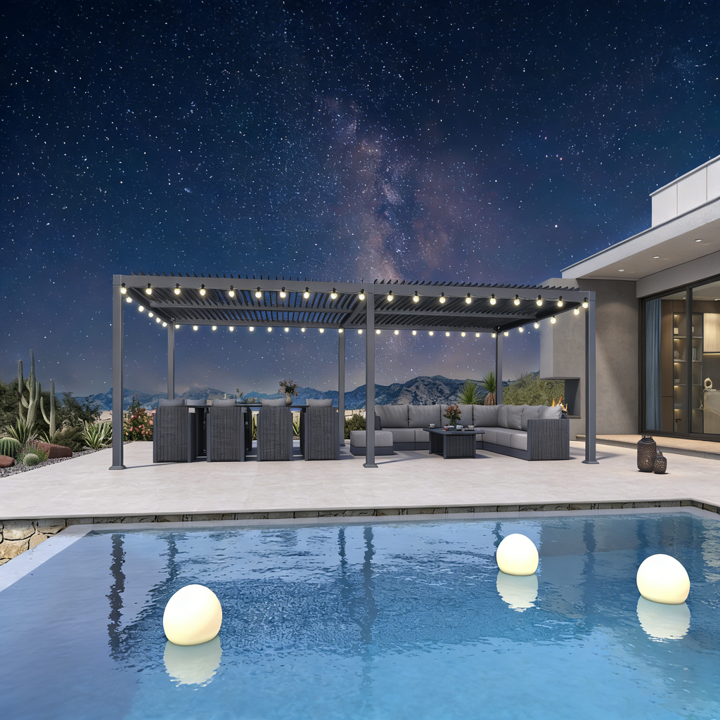 PURPLE LEAF Caesar Louvered Pergola with Milky String Lights Patio Aluminum Pergola with Independent Adjustable Rainproof Roof Hardtop Pergola for Outdoor Deck Garden Yard