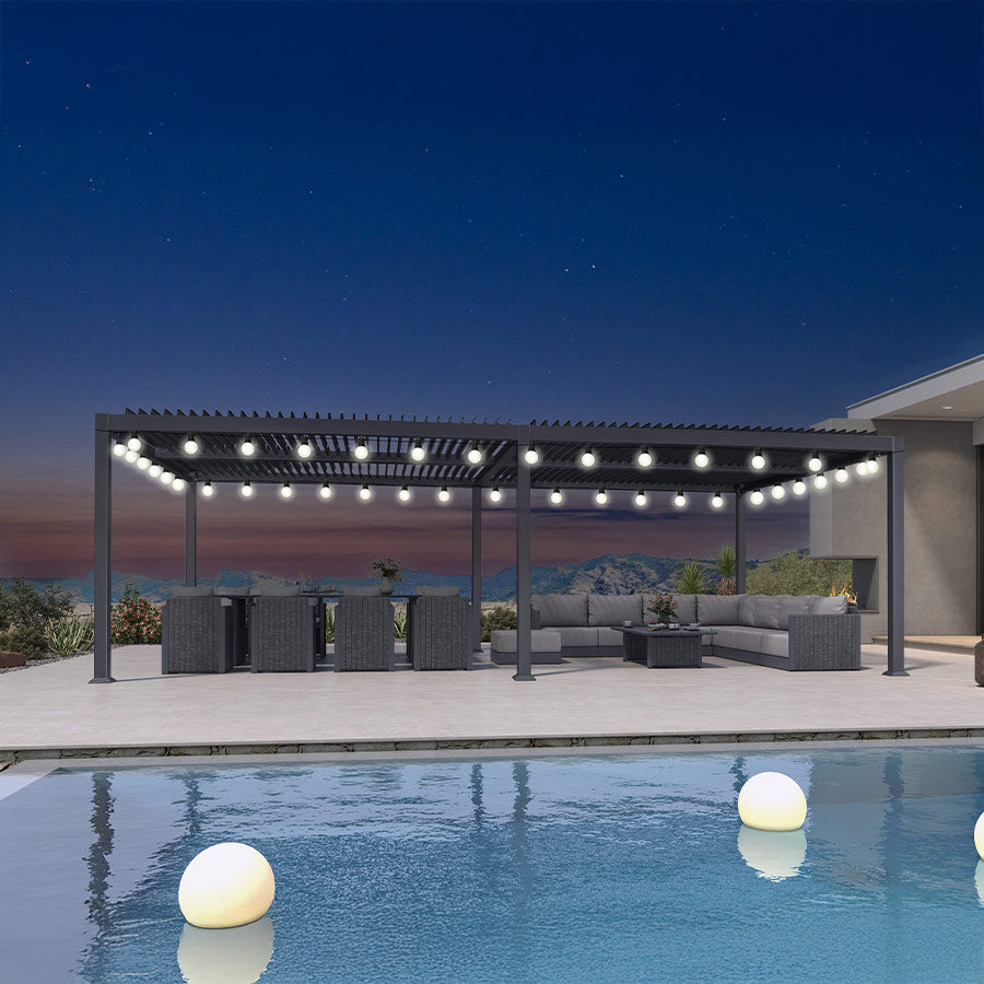 PURPLE LEAF Caesar Louvered Pergola with Milky String Lights Patio Aluminum Pergola with Independent Adjustable Rainproof Roof Hardtop Pergola for Outdoor Deck Garden Yard