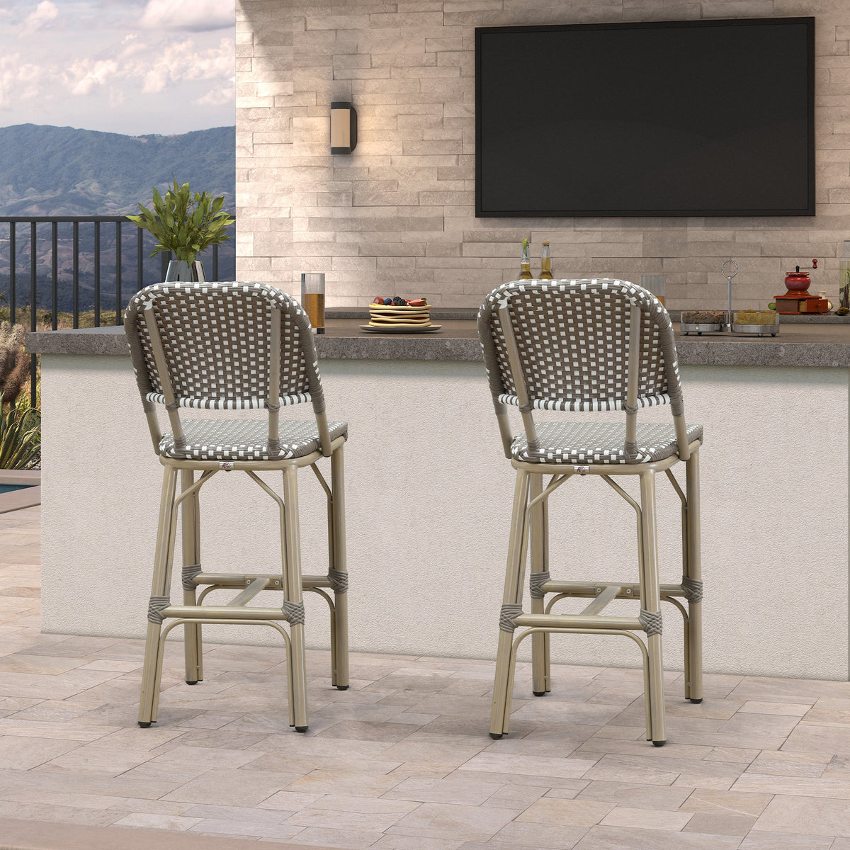 PURPLE LEAF Outdoor Bar Height Stools Set of 2 French Country Patio Rattan Bar Stool Chairs Outdoor Armless Barstools for Porch Garden Indoor Kitchen