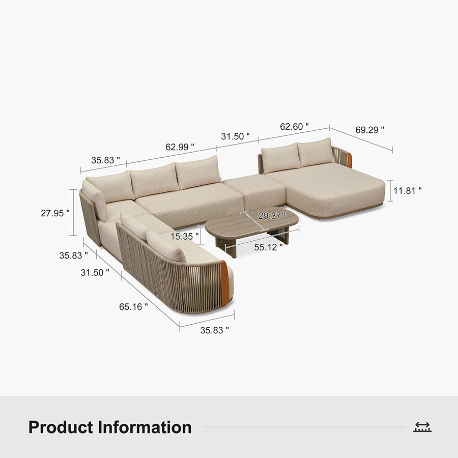 PURPLE LEAF Hailar L-Shaped Patio Conversation Set with Genuine Teak Cushions and Pillows Olefin Rope Backrest Outdoor Couch Sets for Backyard Porch