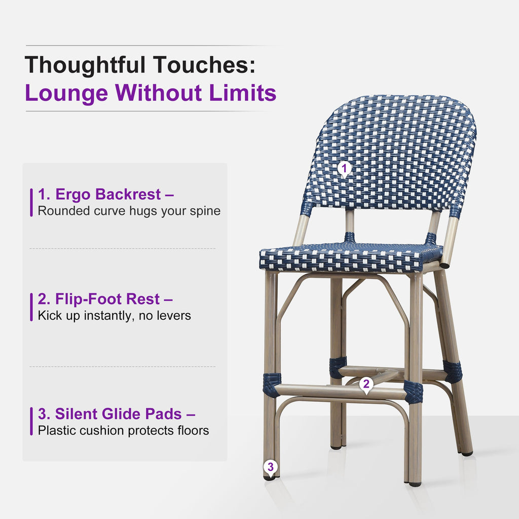PURPLE LEAF Outdoor Bar Height Stools Set of 2 French Country Patio Rattan Bar Stool Chairs Outdoor Armless Barstools for Porch Garden Indoor Kitchen