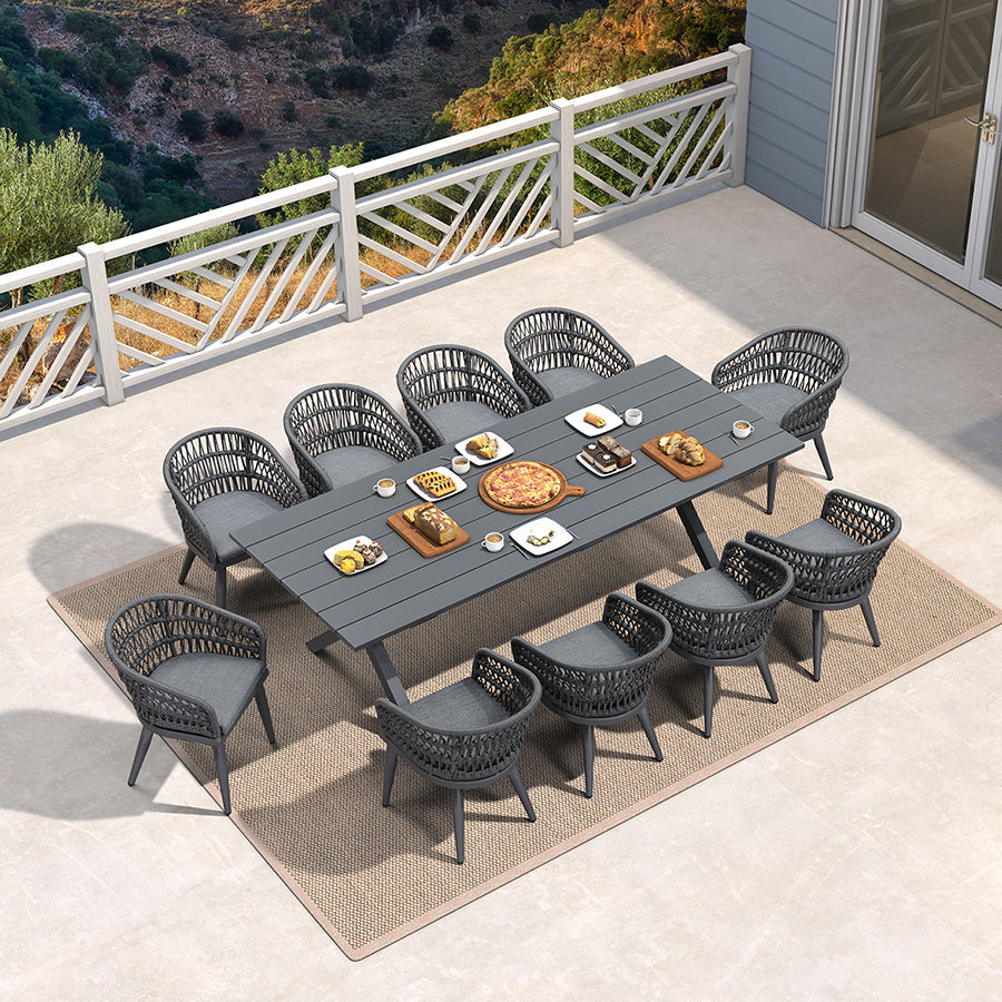 PURPLE LEAF Modern Outdoor Dining Table with 6/8/10 Seats, All-Weather Aluminum Table and Rattan Chairs with Cushions, Champagne