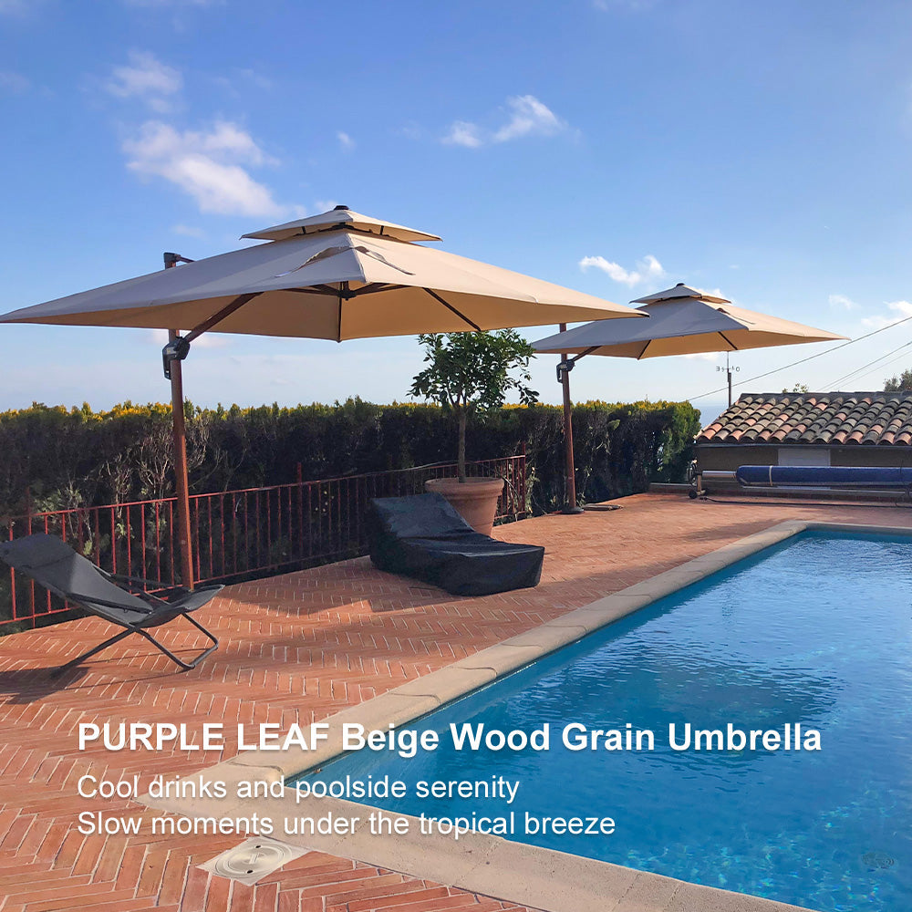 PURPLE LEAF Double Top 9 / 10 / 11 / 12 ft Square Aluminum Sun Umbrellas in Wood Color