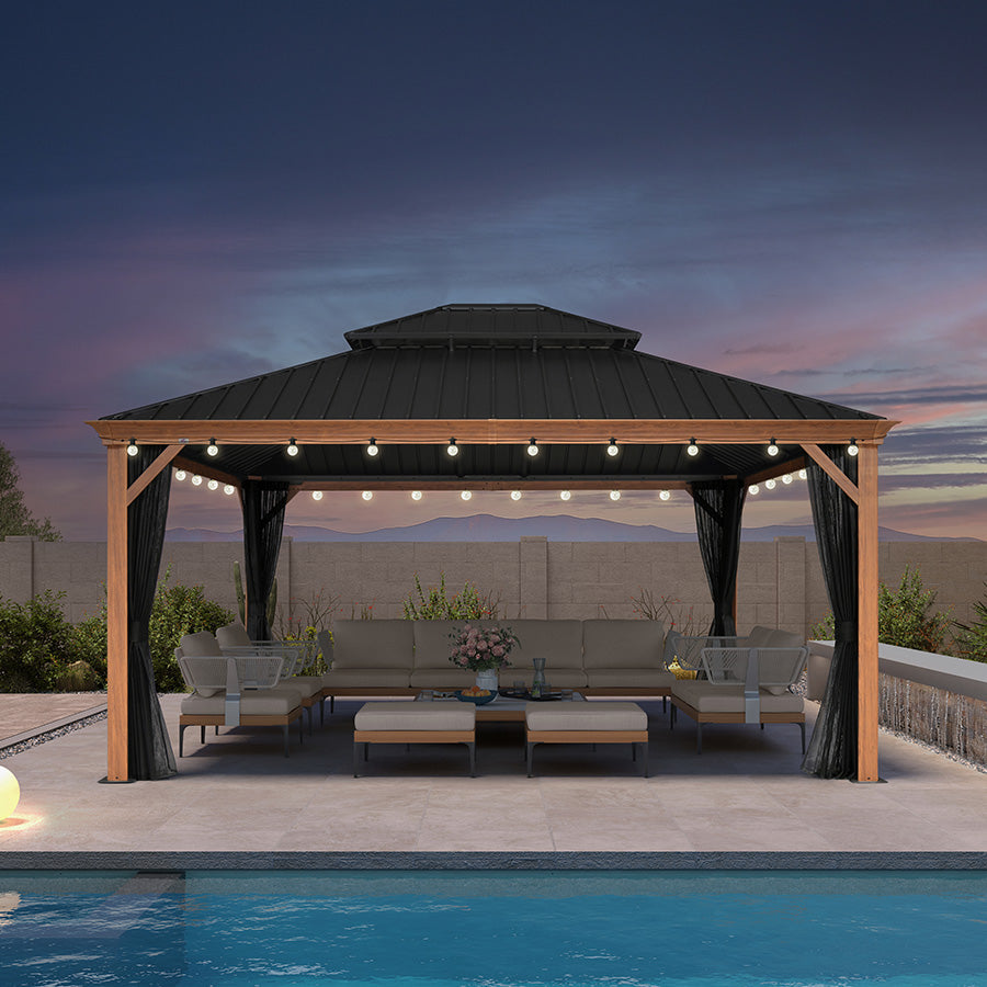PURPLE LEAF Hardtop Gazebo for Patio Wood Grain Aluminum Frame Awning with String Lights-milky