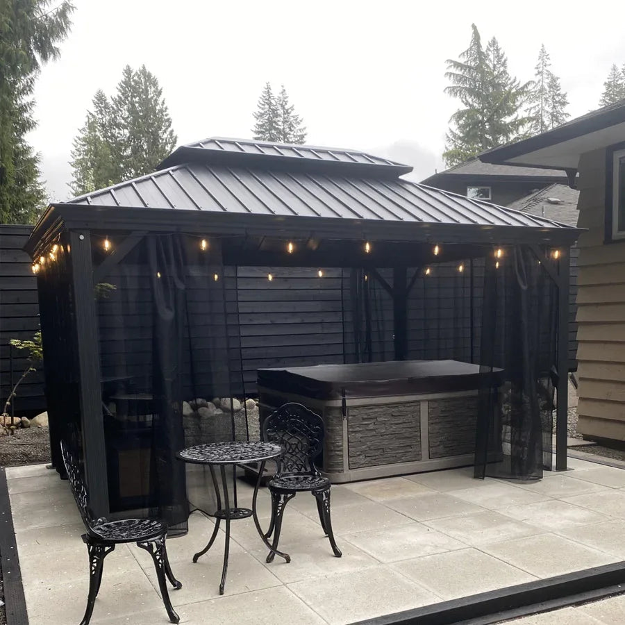 PURPLE LEAF Patio Gazebo for Backyard Grey Hardtop Galvanized Steel Roof Awning String Lights-milky