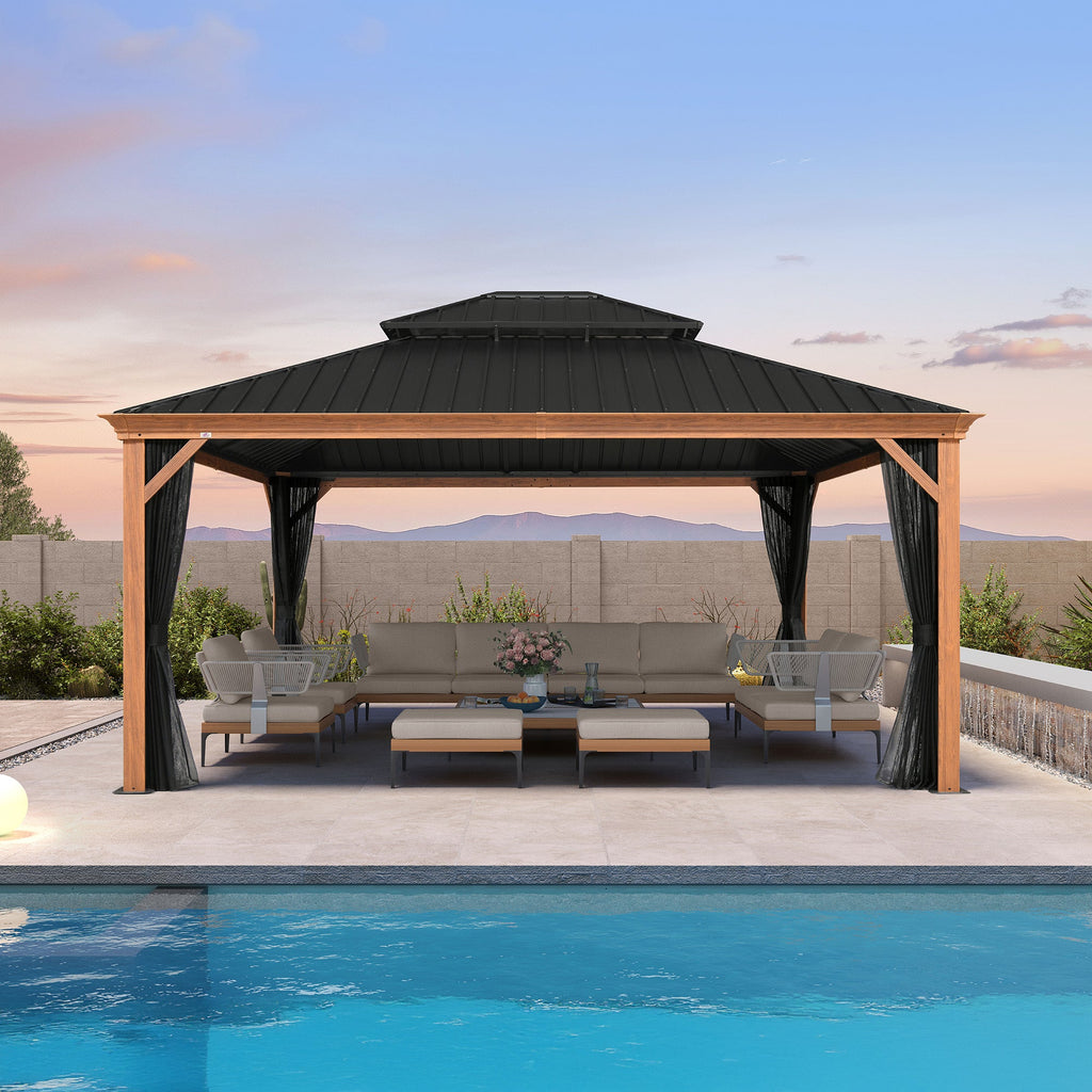 PURPLE LEAF Hardtop Gazebo for Patio Wood Grain Aluminum Frame Awning with Netting